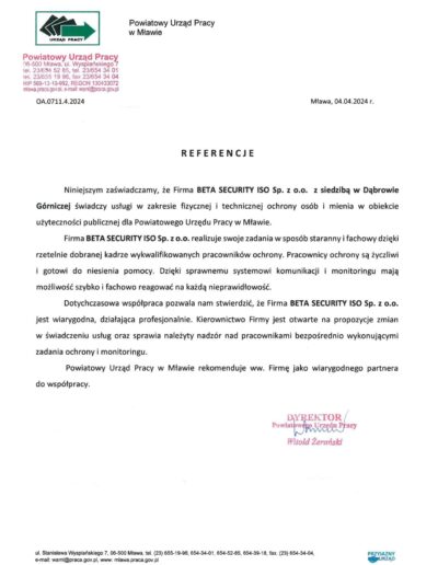 Referencje dla Beta Security ISO od Powiatowego Urzędu Pracy w Mławie za profesjonalne usługi ochrony i monitoringu obiektu użyteczności publicznej.