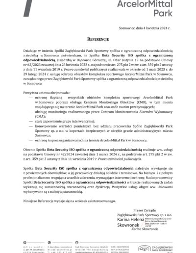 Referencje dla Beta Security ISO od Zagłębiowskiego Parku Sportowego za usługi ochrony i monitoringu kompleksu sportowego ArcelorMittal Park w Sosnowcu.