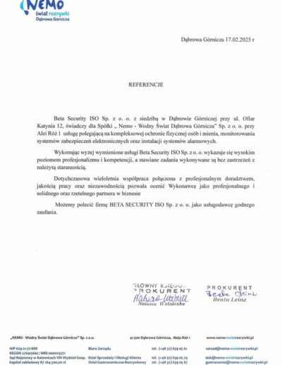 Referencje dla Beta Security ISO od Nemo – Wodny Świat Dąbrowa Górnicza, potwierdzające wysoką jakość usług ochrony i monitoringu.