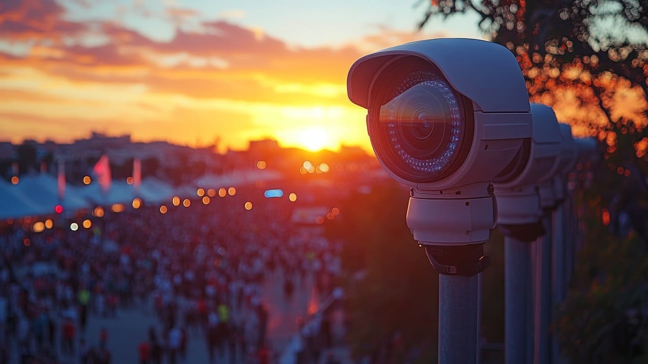 Kamera CCTV z widokiem na tłum i zachód słońca 2 Kamera CCTV z widokiem na tłum i zachód słońca