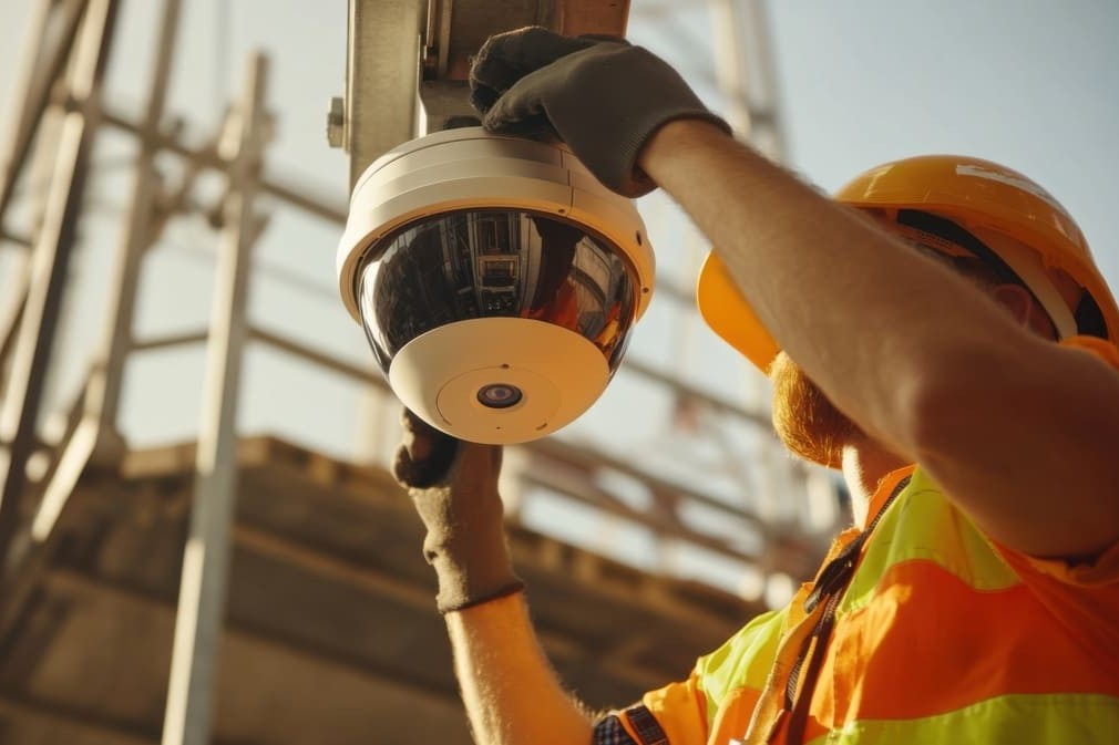 Technik ustawiający kamerę 360 monitorującą na mobilnej wieży monitorującej – instalacja systemu CCTV na placu budowy