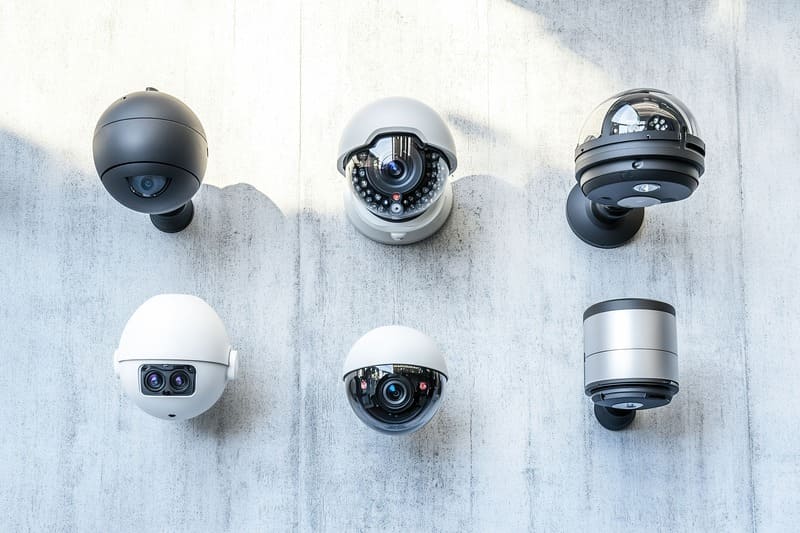nowoczesne-kamery-do-monitoringu-przeglad-modeli Różne typy nowoczesnych kamer kopułkowych i obrotowych na tle betonowej ściany